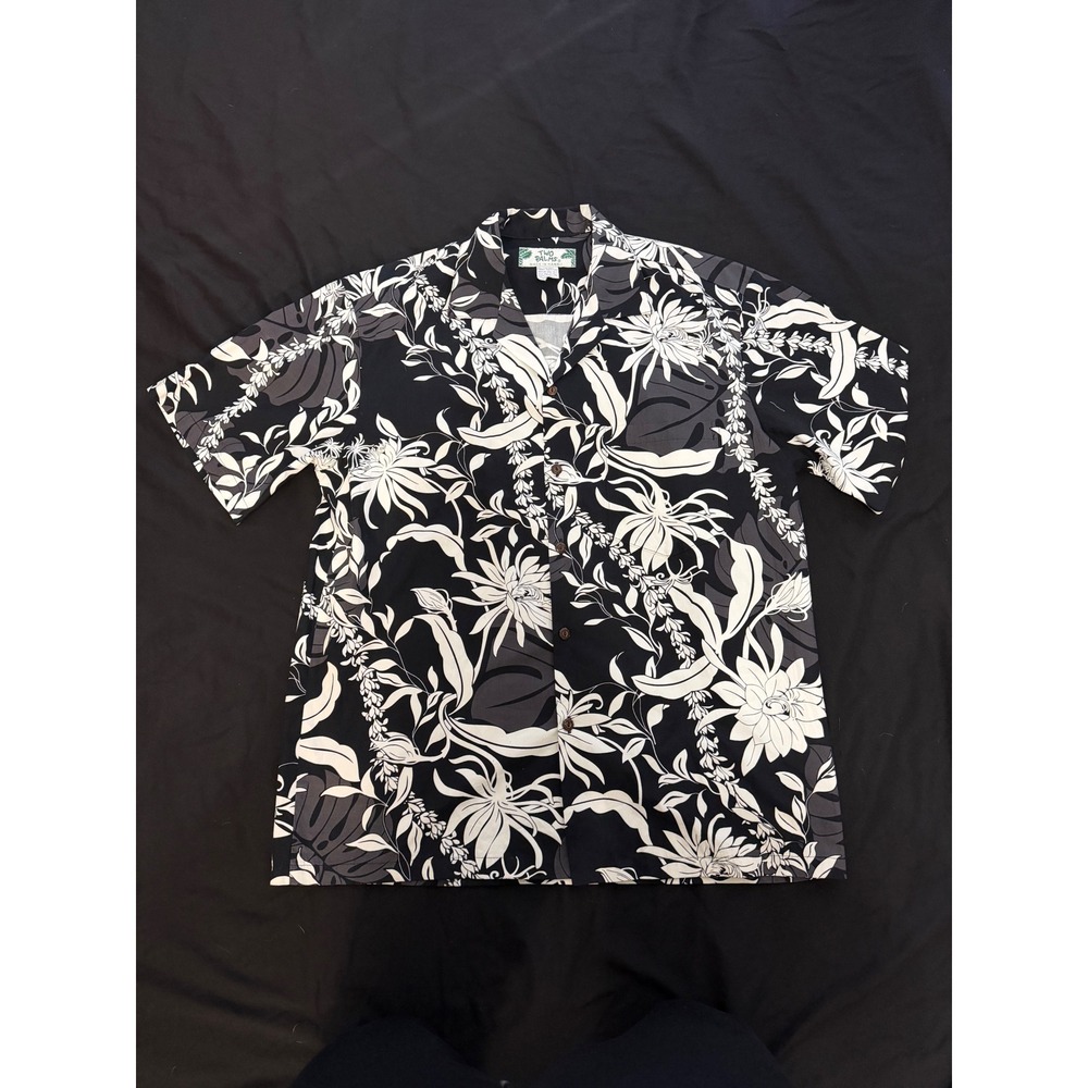 Two Palms Hawaiian Shirt Mens Large Black White Floral Monstera Cotton Hawaii